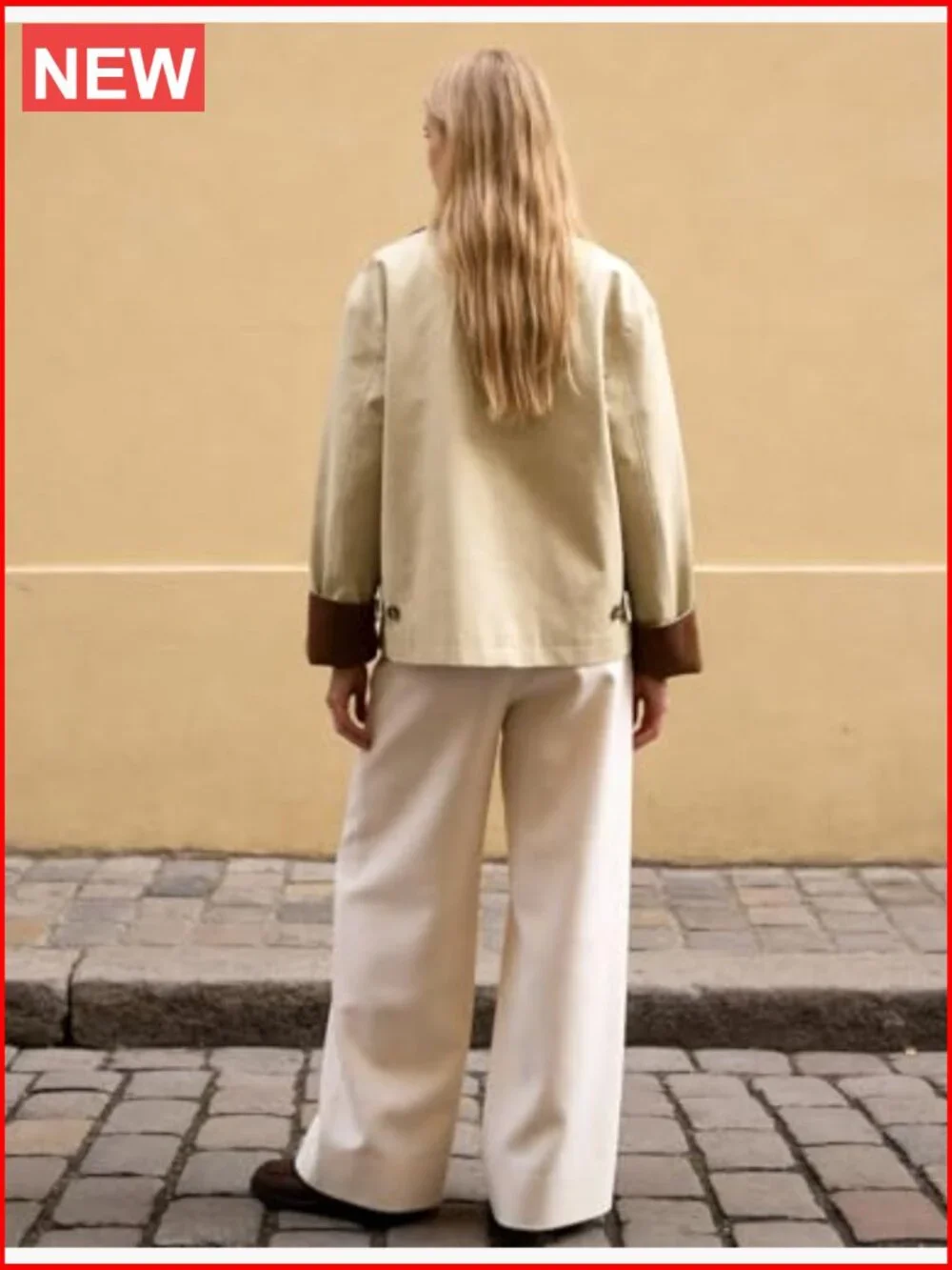 Cropped Trench Coat with Contrast Collar and Corduroy Splicing, Lightweight - Picture 3 of 7